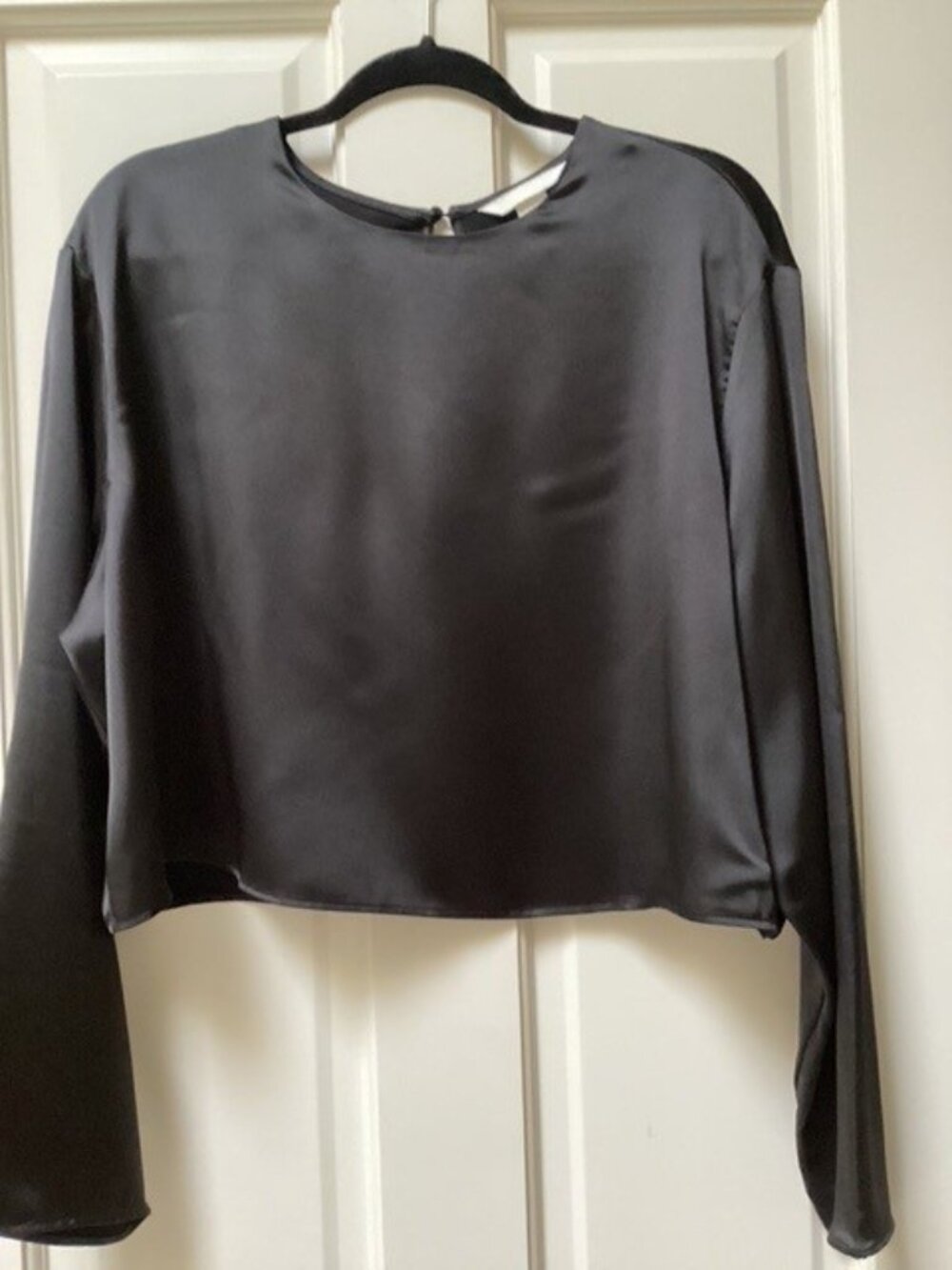 H&M black satin blouse, cropped top, size XL, with extra button